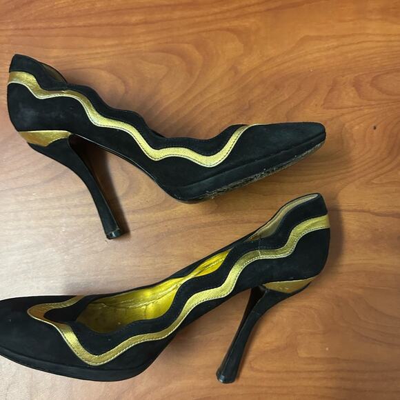 Prada Black Suede Colorblock Pumps Leather Designer Size 37 Gold Design Heels - Picture 10 of 16